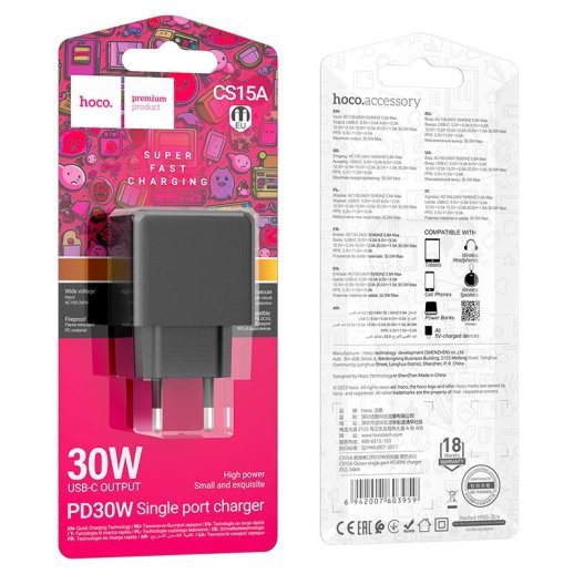 Мережевий зарядний пристрій HOCO CS15A PD 30W TYPE-C ЧОРНИЙ