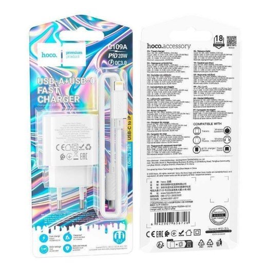 Мережевий зарядний пристрій HOCO C109A PD20W / USB QC3.0 + кабель Type-C - Lightning, білий