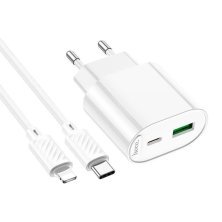 Мережевий зарядний пристрій HOCO C109A PD20W / USB QC3.0 + кабель Type-C - Lightning, білий
