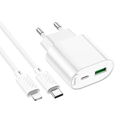 Мережевий зарядний пристрій HOCO C109A PD20W / USB QC3.0 + кабель Type-C - Lightning, білий
