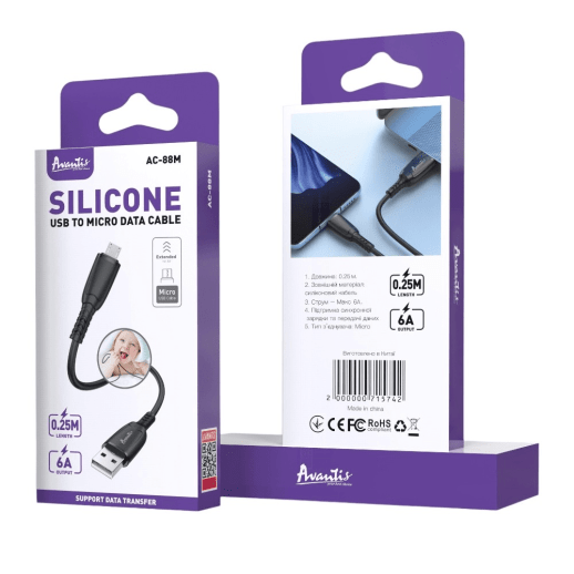 USB Cable Avantis AC-88m 0.25m 6A Silicone Micro Black