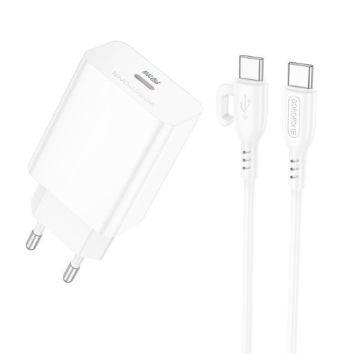 Мережевий зарядний пристрій BOROFONE BA21A PRO TYPE-C PD 20W + кабель TYPE-C - TYPE-C, БІЛИЙ