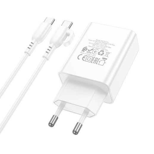 Мережевий зарядний пристрій BOROFONE BA21A PRO TYPE-C PD 20W + кабель TYPE-C - TYPE-C, БІЛИЙ