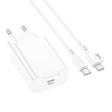Мережевий зарядний пристрій BOROFONE BA21A PRO TYPE-C PD 20W + кабель TYPE-C - TYPE-C, БІЛИЙ