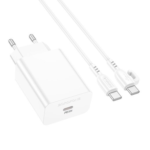 Мережевий зарядний пристрій BOROFONE BA21A PRO TYPE-C PD 20W + кабель TYPE-C - TYPE-C, БІЛИЙ