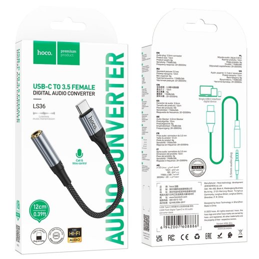 Перехідник HOCO LS36 зовнішня звукова карта TYPE-C - jack 3.5мм, 12 см, чорний