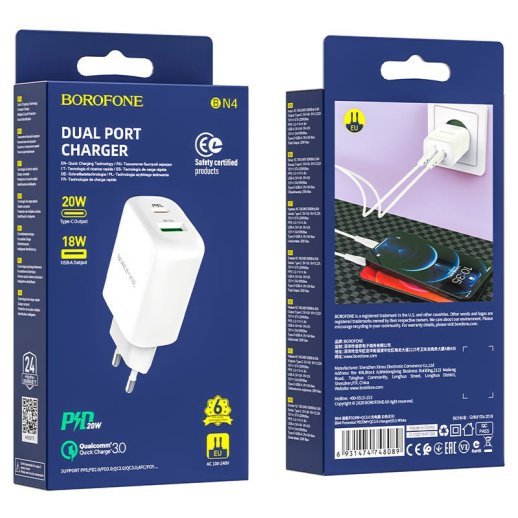 Мережевий зарядний пристрій BOROFONE BN4 Potential PD20W+QC3.0 charger(EU)