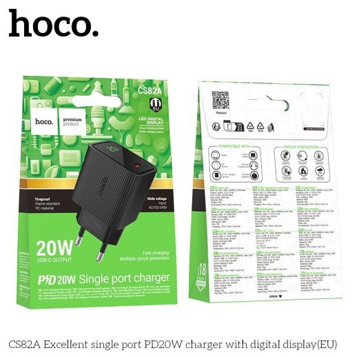 Мережевий зарядний пристрій HOCO CS82A Excellent PD20W з цифровим дисплеєм, чорний