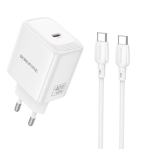 Мережевий зарядний пристрій BOROFONE BN33 PD 40W USB-C із кабелем Type-C - Type-C, білий