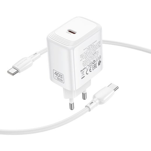 Мережевий зарядний пристрій BOROFONE BN33 PD 40W USB-C із кабелем Type-C - Type-C, білий