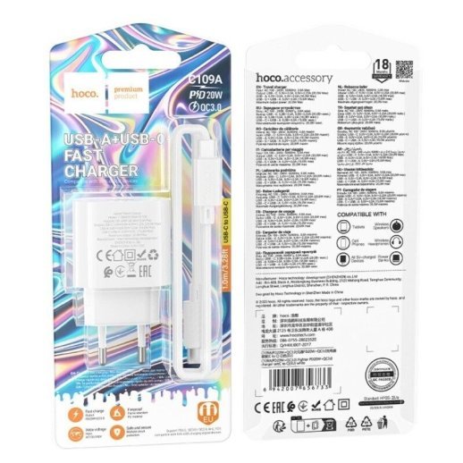 Мережевий зарядний пристрій HOCO C109A PD20W / USB QC3.0 + кабель TYPE-C - TYPE-C, білий