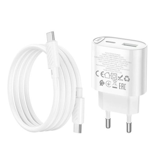 Мережевий зарядний пристрій HOCO C109A PD20W / USB QC3.0 + кабель TYPE-C - TYPE-C, білий