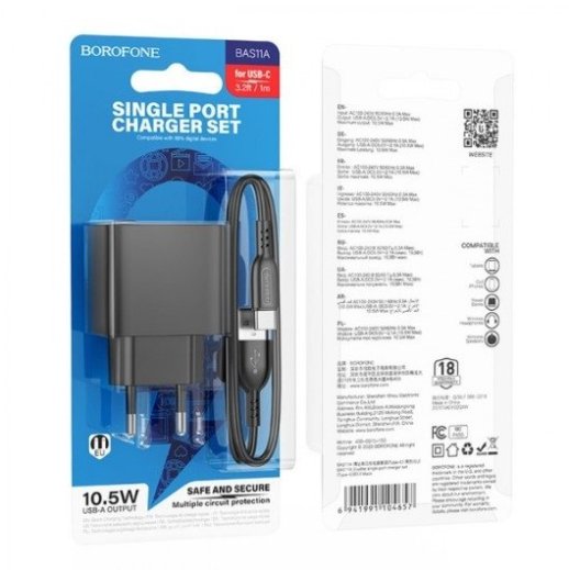Мережевий зарядний пристрій BOROFONE BAS11A USB 10.5W + кабель USB - TYPE-C, чорний