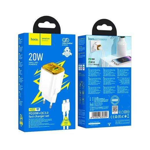Мережевий зарядний пристрій HOCO N52 Type-C PD 20W + USB QC3.0 + кабель Type-C - Lightning, білий