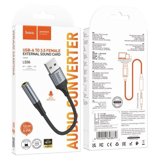 Перехідник HOCO LS36 зовнішня звукова карта USB - jack 3.5мм 0,12м чорний