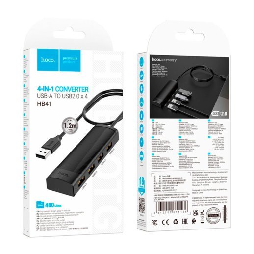 USB HUB HOCO HB41 4в1 Easy safety (4 порти USB 2.0), 1.20м