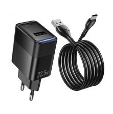 Мережевий зарядний пристрій HOCO CS111A 22.5W USB QC 3.0 + кабель USB - TYPE-C, чорний