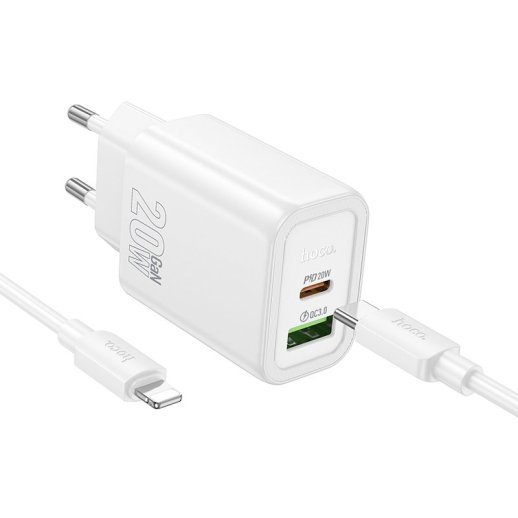 Мережевий зарядний пристрій HOCO N61 Gentle TYPE-C PD 20W + USB QC 3.0 + кабель TYPE-C - LIGHTNING, білий
