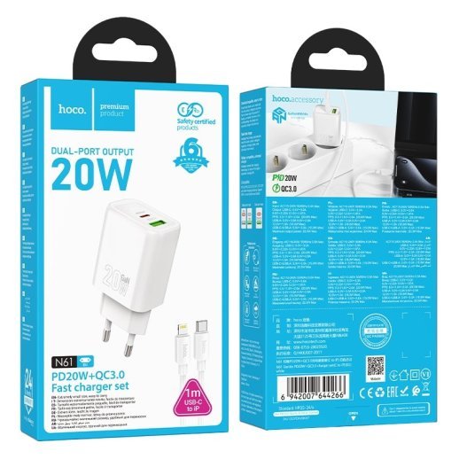 Мережевий зарядний пристрій HOCO N61 Gentle TYPE-C PD 20W + USB QC 3.0 + кабель TYPE-C - LIGHTNING, білий