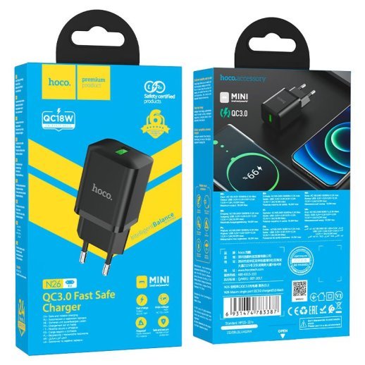 Мережевий зарядний пристрій HOCO N26 QC 3.0 3A USB ЧОРНИЙ