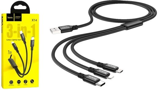 USB кабель HOCO X14 3в1: Lightning/Micro/Type-C, 1 метр, чорний