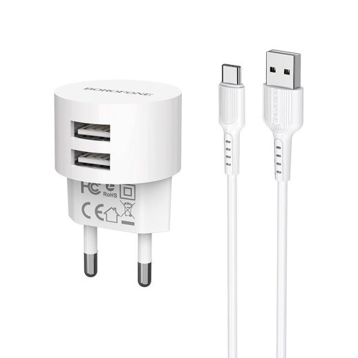 Мережевий зарядний пристрій BOROFONE BA23A Brilliant dual USB 2.4A + кабель USB - TYPE-C
