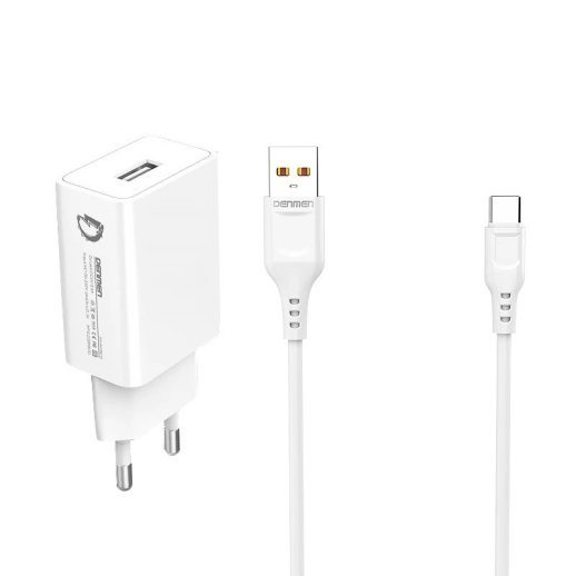 Мережевий зарядний пристрій DENMEN DC01T + CABLE USB Type-C 2.4A 1USB БІЛИЙ