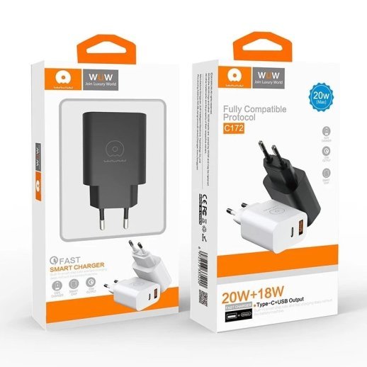 Мережевий зарядний пристрій WUW C172 TYPE-C PD 20W | USB 18W БІЛИЙ