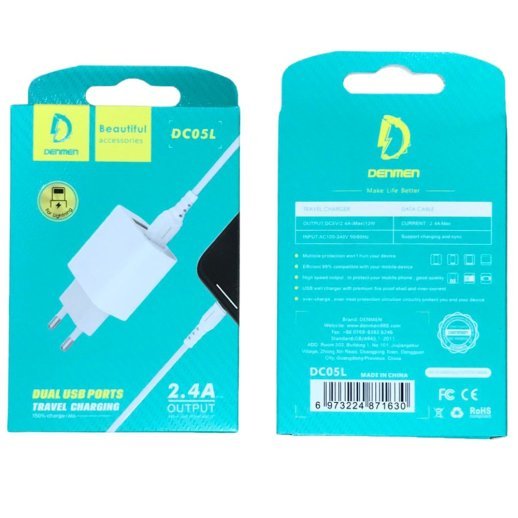Мережевий зарядний пристрій DENMEN DC05L + CABLE USB Lightning 2.4A 2USB