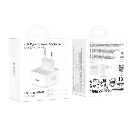 Мережевий зарядний пристрій HOCO C161A Dynamic Power Adapter Set 40W USB-C + кабель Type-C to Type-C, білий