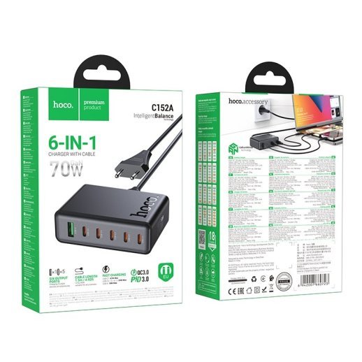 Мережевий зарядний пристрій HOCO C152A PD 70W 5*TYPE-C + QC3.0, чорний