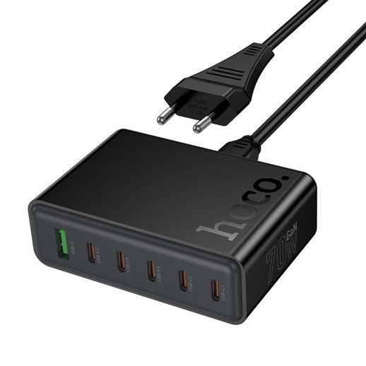 Мережевий зарядний пристрій HOCO C152A PD 70W 5*TYPE-C + QC3.0, чорний