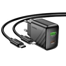 Мережевий зарядний пристрій HOCO CS25A TYPE-C PD 20W + USB QC3.0 + КАБЕЛЬ TYPE-C - LIGHTNING, чорний