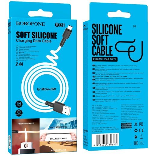 USB кабель BOROFONE BX31 Soft silicone charging data USB - micro USB, білий