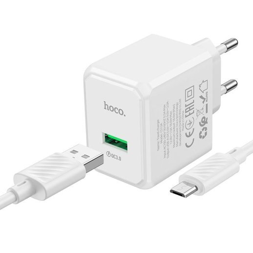 Мережевий зарядний пристрій HOCO CS12A QC3.0 USB + КАБЕЛЬ USB - Micro-USB білий