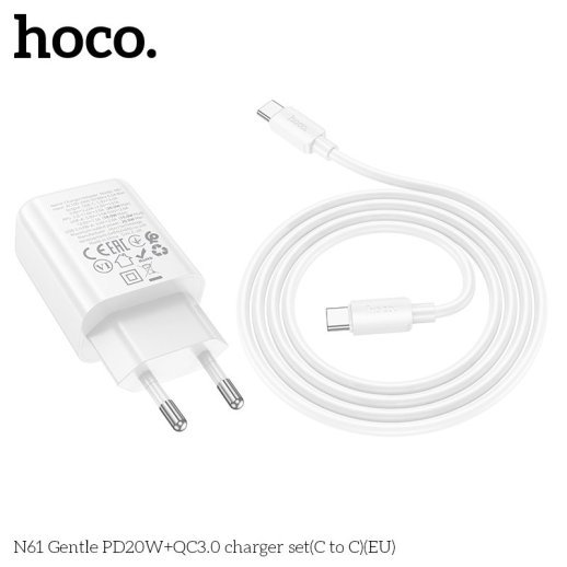 Мережевий зарядний пристрій HOCO N61 Gentle TYPE-C PD 20W + USB QC 3.0 + кабель TYPE-C - TYPE-C, білий