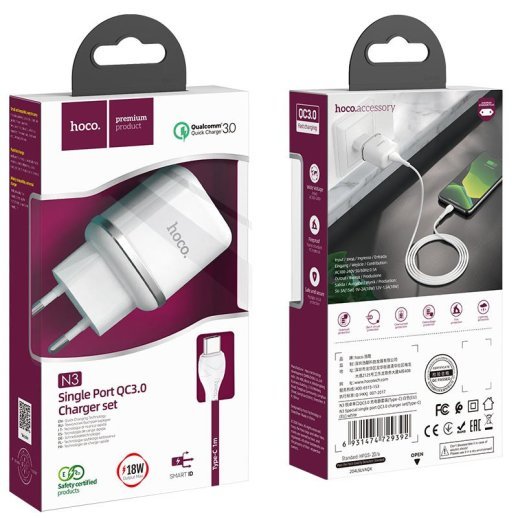 Мережевий зарядний пристрій HOCO N3 USB QC 3.0 + КАБЕЛЬ USB - Type-C БIЛИЙ