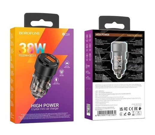 Автомобільний зарядний пристрій BOROFONE BZ20 38W Smart TYPE-C PD 20W + USB QC3.0, чорний