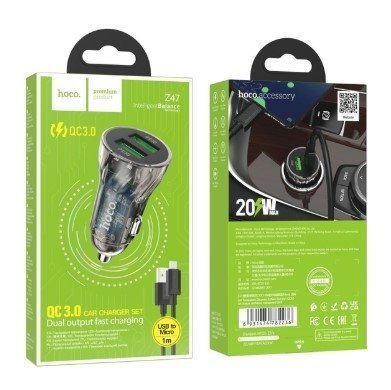 Автомобільний зарядний пристрій HOCO Z47 20W 2 USB QC 3.0 + КАБЕЛЬ USB - MICRO, чорний