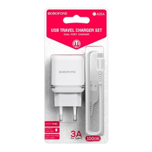 Мережевий зарядний пристрій BOROFONE BA25A Outstanding dual USB 2.4A + кабель USB - TYPE-C, білий