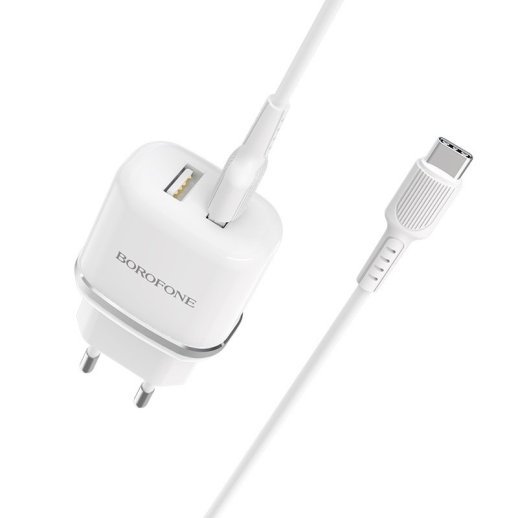 Мережевий зарядний пристрій BOROFONE BA25A Outstanding dual USB 2.4A + кабель USB - TYPE-C, білий