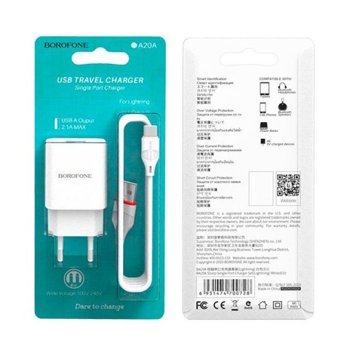 СЗУ Borofone BA20A (1USB/2,1A) + USB - Type-C (белый)