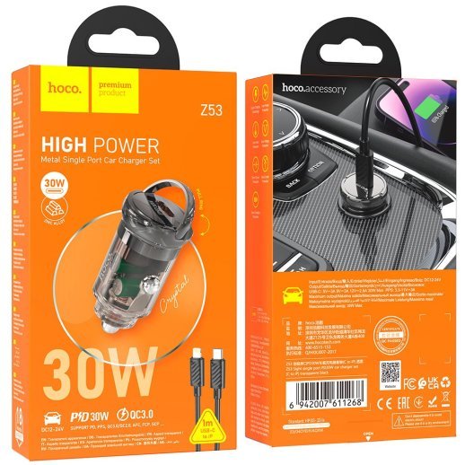 Автомобільний зарядний пристрій HOCO Z53 Type-C PD 30W + кабель Type-C - Lightning, чорний