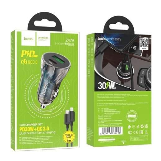 Автомобільний зарядний пристрій HOCO Z47A PD 30W TYPE-C / USB QC 3.0 + КАБЕЛЬ TYPE-C - LIGHTNING, чорний