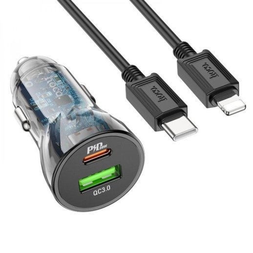 Автомобільний зарядний пристрій HOCO Z47A PD 30W TYPE-C / USB QC 3.0 + КАБЕЛЬ TYPE-C - LIGHTNING, чорний