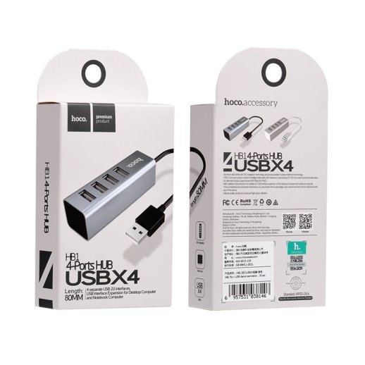 USB HUB HOCO HB1 4В1 Line machine, USB 2.0, 0.8 метри, сталевий