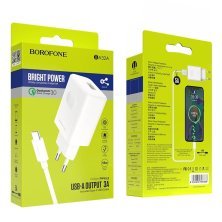 Мережевий зарядний пристрій BOROFONE BA32A USB QC3.0 + кабель USB - TYPE-C бiлий