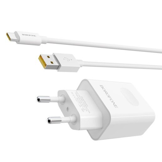 Мережевий зарядний пристрій BOROFONE BA32A USB QC3.0 + кабель USB - TYPE-C бiлий
