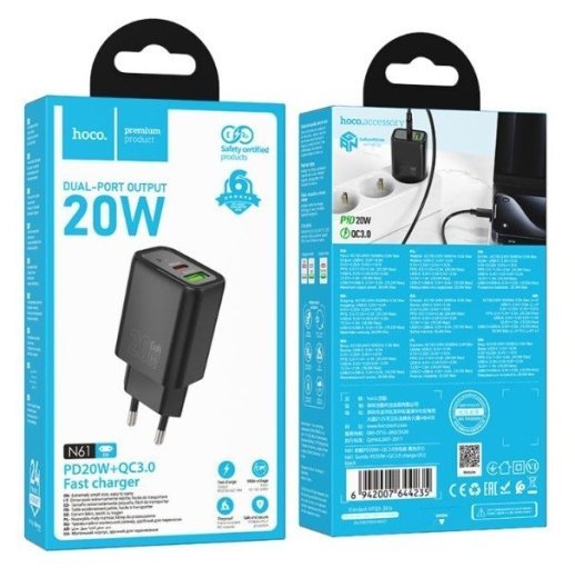 Мережевий зарядний пристрій HOCO N61 Gentle TYPE-C PD 20W + USB QC 3.0, чорний