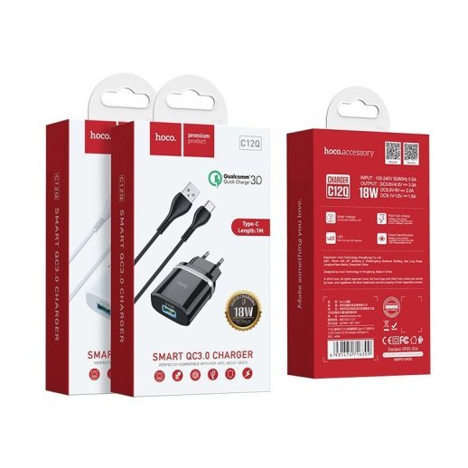 Мережевий зарядний пристрій HOCO C12Q SMART USB QC3.0 + кабель USB - TYPE-C, чорний